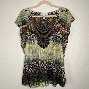 STYLE&CO Muticolor Sheer-like Boho Tunic w/ Gold Embellished Crochet Appliqué